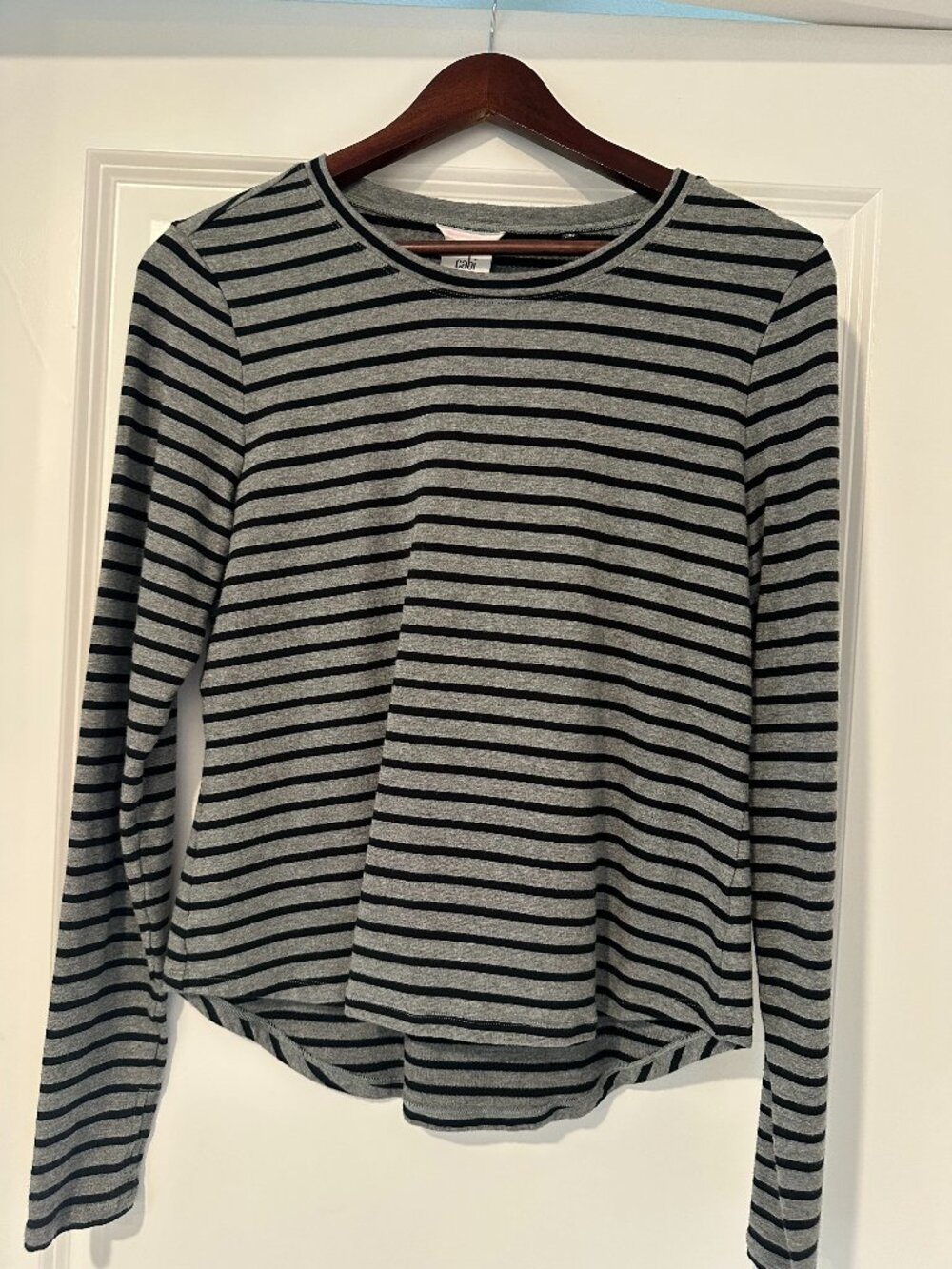 Cabi Gray and Black Striped Long Sleeve Asymmetrical Top